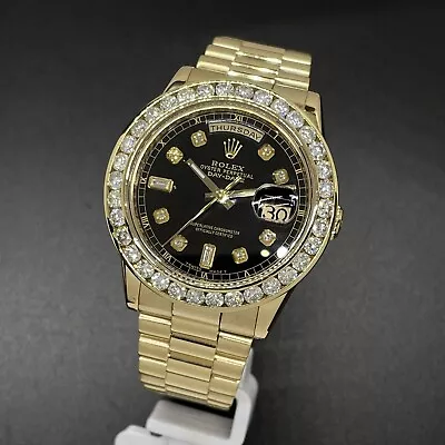 Rolex Day-Date 118238 President 18KY Gold Black Dial 3.50 CT Diamond Bezel Watch • $31500