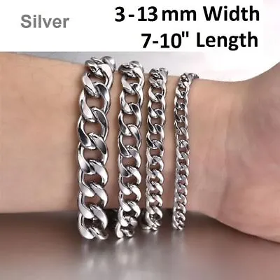 *UK* Silver 316L Stainless Steel Cuban Bracelet 18-25cm Mens Curb Link Chain • £4.29