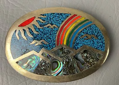 Vintage Mexico Alpaca Silver Belt Buckle Turquoise Inlay Scenic Rainbow Mountain • $49.95