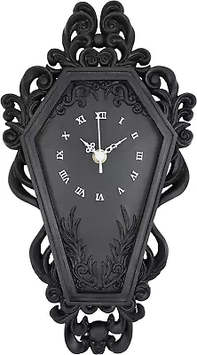 Coffin Wall Clock - Gothic Home Decor - Baroque Black Resin - Steampunk Skull -  • $76.01