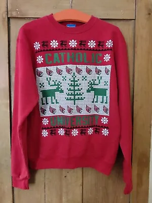 VTG Retro Catholic University Christmas Sweater Jumper Reindeer Cardinals Size S • $22.41