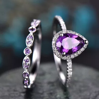 925 Sterling Silver Purple Amethyst Rings Set Women Wedding Jewelry Size 6-10 • $8.91