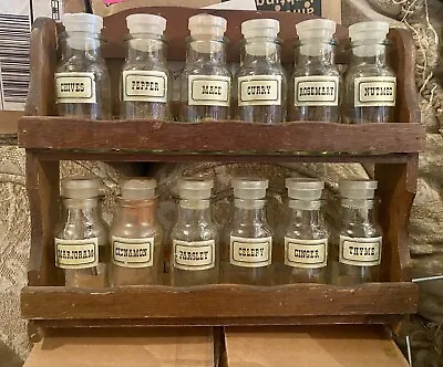 Set 12 Vintage Glass  Spice Jars With Wood Rack@1 • $35