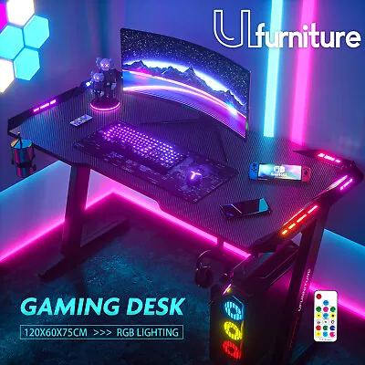 $157.90 • Buy Gaming Desk Computer Desktop Home Writing Racer Carbon Fiber Table RGB LED 120cm