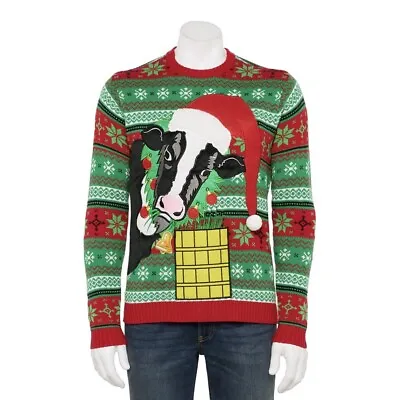 Ugly Christmas Sweater Cow W/ Cowbell Bell Santa Hat Present Men’s Size XL NEW • $36.54