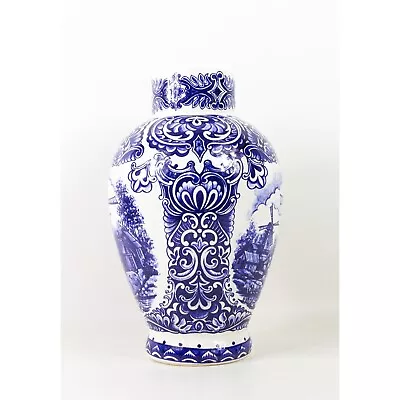 Vintage Blue And White Delft Ceramic Vase Windmill & Floral Motif Dutch Heritage • $90