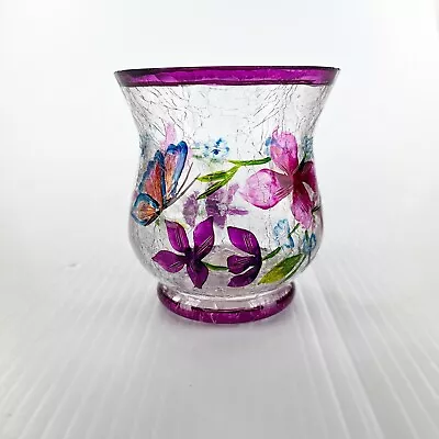 Yankee Candle Butterfly Purple Floral Crackle Glass Votive Holder • £19.27