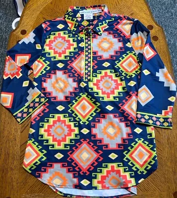 Gretchen Scott M Oberio Popover Top Shirt 3/4 Sleeve Henley Aztec Print Colorful • $22.99