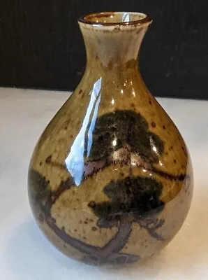 Vintage Made In Japan Brown Ceramic Bud Vase W/ Painted Bonsai Tree Design  • $8