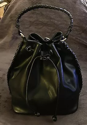 Melie Bianco Black Faux Leather Drawstring Hobo Handbag Purse Woven Detail EUC • $24.95