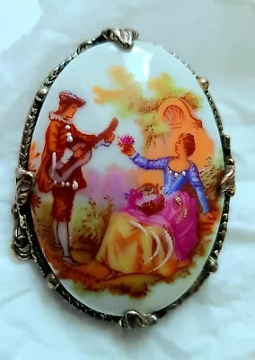 Limoges Signed Porcelain Brooch Courting Romantic Couple French Vintage Pin • £20.99