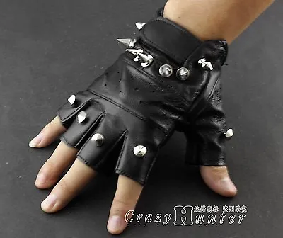 Genuine Leather Spike Rivet Around Punk Gothic Mens Driving Fingerless Gloves • $22