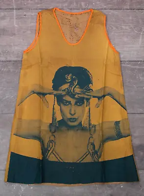 VTG Women's 60s Mustard Paper Mini Dress W/ Theda Bara Print XS/S 1960s Mod GoGo • $499.99