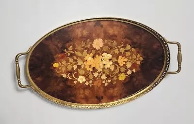 Vintage Italian Marquetry Wood Floral Inlay Brass Handle Tea Vanity Tray Serving • $50