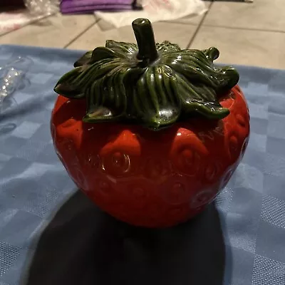 Red Strawberry Leaf Lid Ceramic Cookie Jar Canister Vintage Made In USA • $30.33