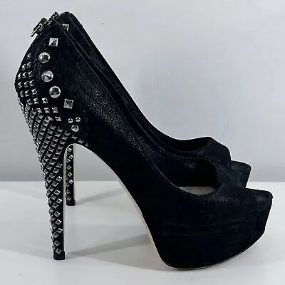 Miu Miu Black Suede Leather Studded Peep Toe Pumps Heels Size 8 • $125