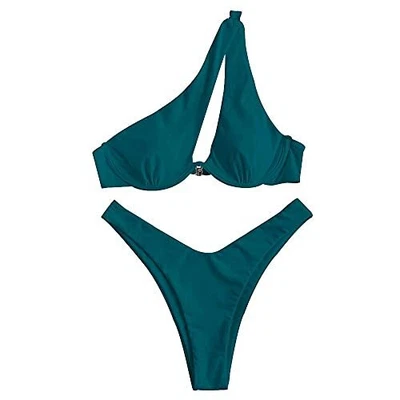 $4.99 • Buy ZAFUL One Shoulder Bikini Cut Out Ribbed Underwire Swimsuit Blue-1