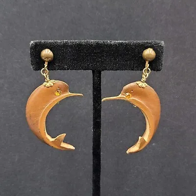 Vintage Clip On Earrings Gold Tone Carved Dolphin Dangle Rhinestone 1 5/8  • $12