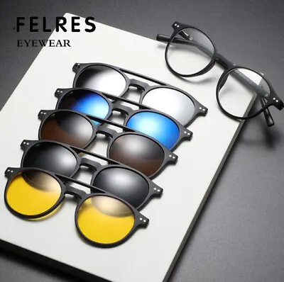5 In 1 Magnetic Clip-on Polarized Sunglasses Men Women Round Glasses Frame New • $18.57