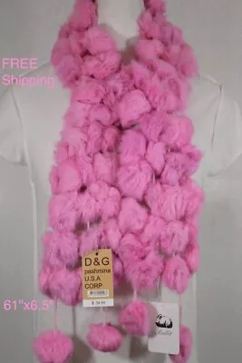 DG 100%Rabbit Fur Scarf Winter.Warm~SoftPom PomPink Size 64 X 6.5  • $15.99