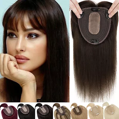 US Clip In Human Hair Topper Toupee Piece Silk Base Top Wig Hairpiece With Bangs • $30.56