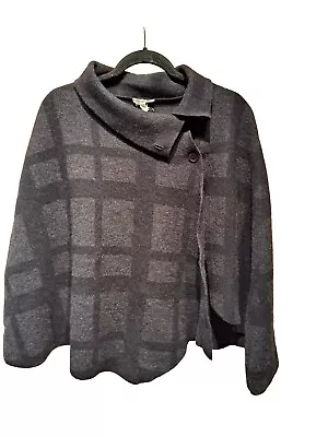 Eileen Fisher Short Merino Wool Cape Poncho Gray Black Wide  Plaid Asymmetric • $25