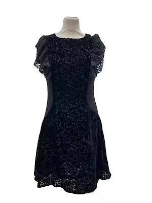 Mina UK Black Burnt Out Velvet And Lace Short Sleeve Cocktail Tea Dress Size 8 • £25