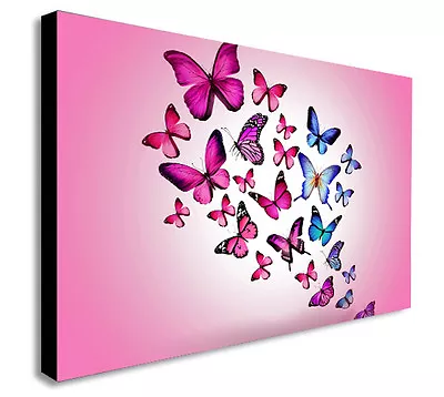 BUTTERFLIES COLOURFUL ABSTRACT PINK Canvas Wall Art Framed Print. Various Sizes • £12.99