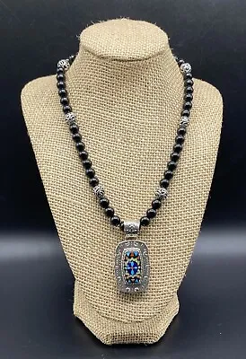 CAROLYN POLLACK-Sterling Black Agate Bead Mosaic Floral Inlay Pendant Necklace • $156