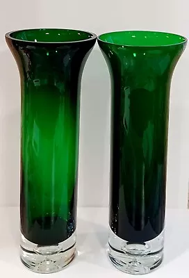 Makora Krosno Hand Blown Green Vase Pair Poland 12  • $121.50