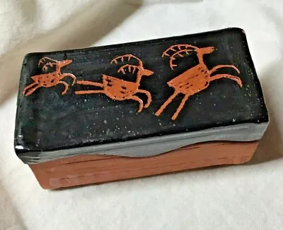 Terracotta Black Glazed Trinket Box With Hand Painted Reindeer Cover • $22