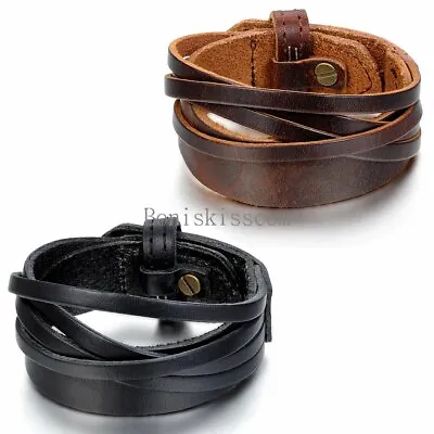 Punk Leather Wrap Cuff Bangle Bracelet Men's Women's Wristband  Unisex Jewelry • $8.99