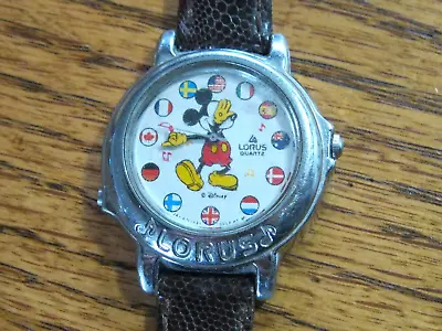Disney MICKEY MOUSE LORUS MUSICAL WATCH-1980s ITS A SMALL WORLD W FLAGS • $32