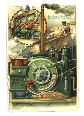 Postcard Vtg Mechanical Moving Spinner Pig Process Into Sausage Machine Factory • $18.50