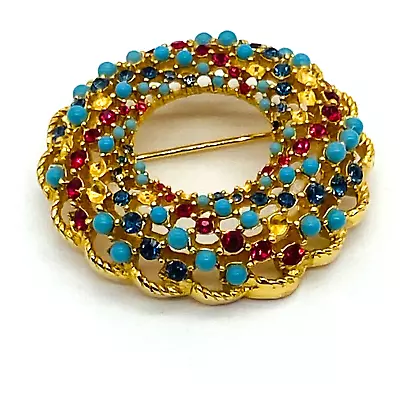 Sarah Coventry Brooch Gold Tone Swirl Blue Red Turquoise Beads VTG Missing Beads • $6.59