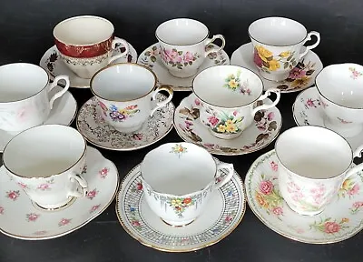 Job Lot Ten MISMATCHED Vintage China Cups & Saucers Wedding Party Tearoom Set L • £26