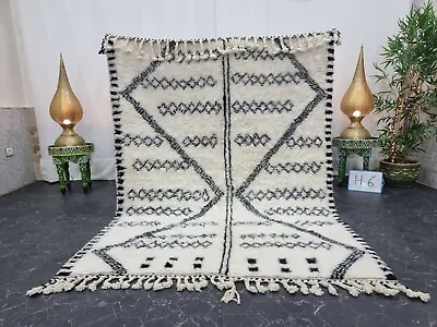 Moroccan Handmade Beni Ourain Rug 5'x6'6''  Berber Geometric White Black Rug • $510