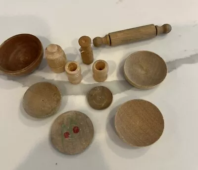 Vintage 70s Miniature Doll Kitchen Wood Plates Bowls Cups Rolling Pin • $7.99