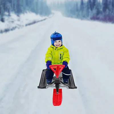 Black+Red Kids Snow Racer Sled W/Double Brakes Pull Rope Steering Wheel  • $76.95