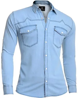 £27.95 • Buy Men's Classic Western Denim Shirt Superb Quality Stud Pearl Buttons Cotton Blue 
