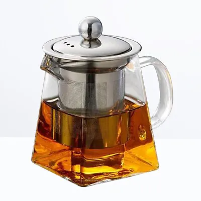  Glass Teapot With Infuser Stainless Steel Coffee Filter Heat Resistant Square • £19.99