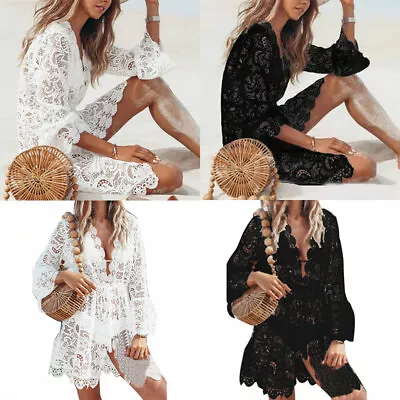 $18.19 • Buy Women Lace Bathing Suit Cover Up Dress Sexy Beach Bikini See Through Sundress Ⓐ