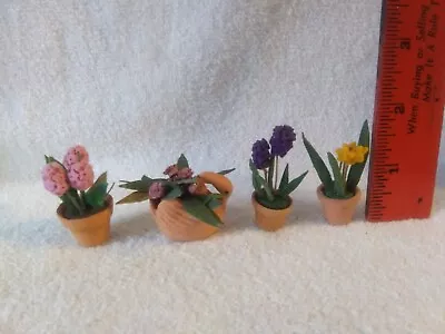 4 Vintage Dollhouse Miniature Terra Cotta Clay Pots With Flowers • $15.99