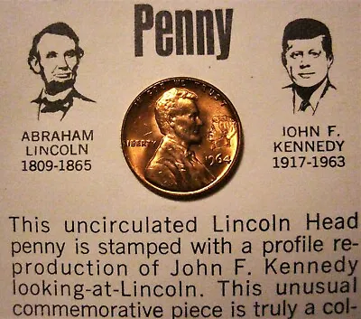 Red Unc 1964 Lincoln Kennedy Penny Astonishing Coincidences JFK Cent Card • $9.95