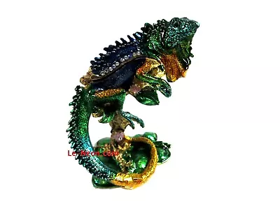 Bejeweled Chameleon Lizard  Hinged Metal Enameled Rhinestone Trinket Box • $22.50