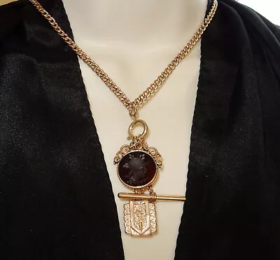 Antique Victorian Gold Filled 18  Watch Chain Necklace W/intaglio & Buckle Fobs • $195