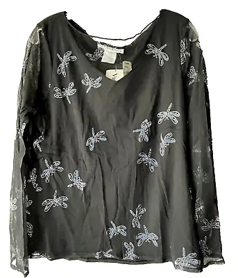 Victoria Jones Women's L Black Mesh Long Sleeve Dragonfly Embellished Top NWT • $9.88