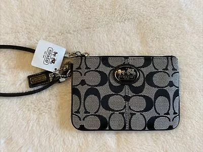 Coach Wristlet Black Gray Sutton Signature C Logo Canvas Leather Small Wallet • $44.54