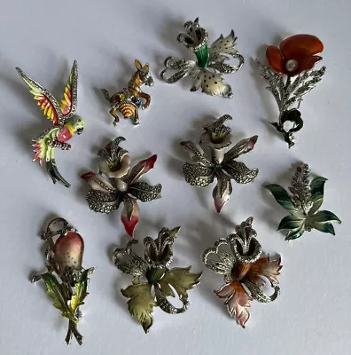 £45 • Buy Vintage Collection Of Enamel & Marcasite Brooch Pins - BJL Flower Bird Donkey