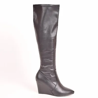 £19.95 • Buy Ladies Women's Black Faux Leather Wedged High Heel Knee High Zip Boots